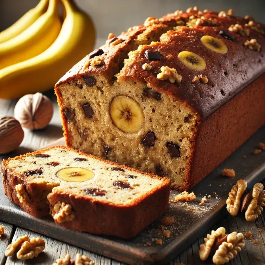 A loaf of freshly baked banana bread, sliced to reveal a moist interior with visible banana slices, chocolate chips, and walnuts. Surrounding the loaf are bananas and walnuts for garnish.