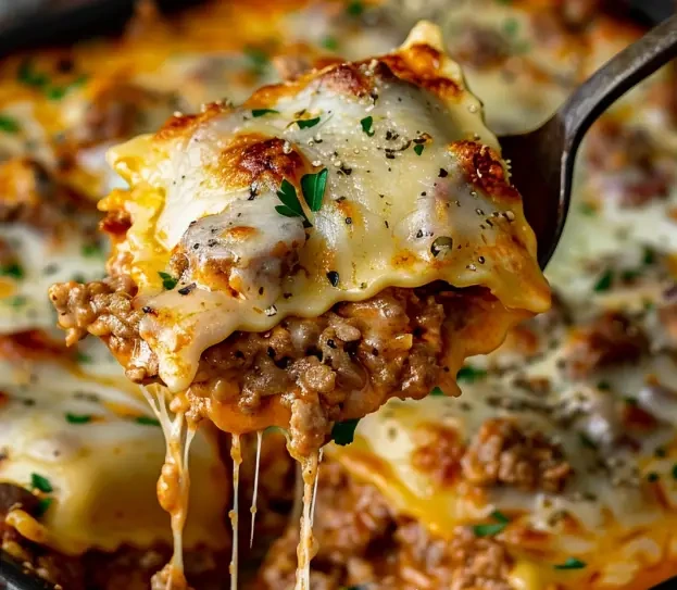 A close-up of a cheesy lasagna slice being lifted from a casserole dish with a spoon, showcasing layers of melted cheese, seasoned meat, and pasta sheets.