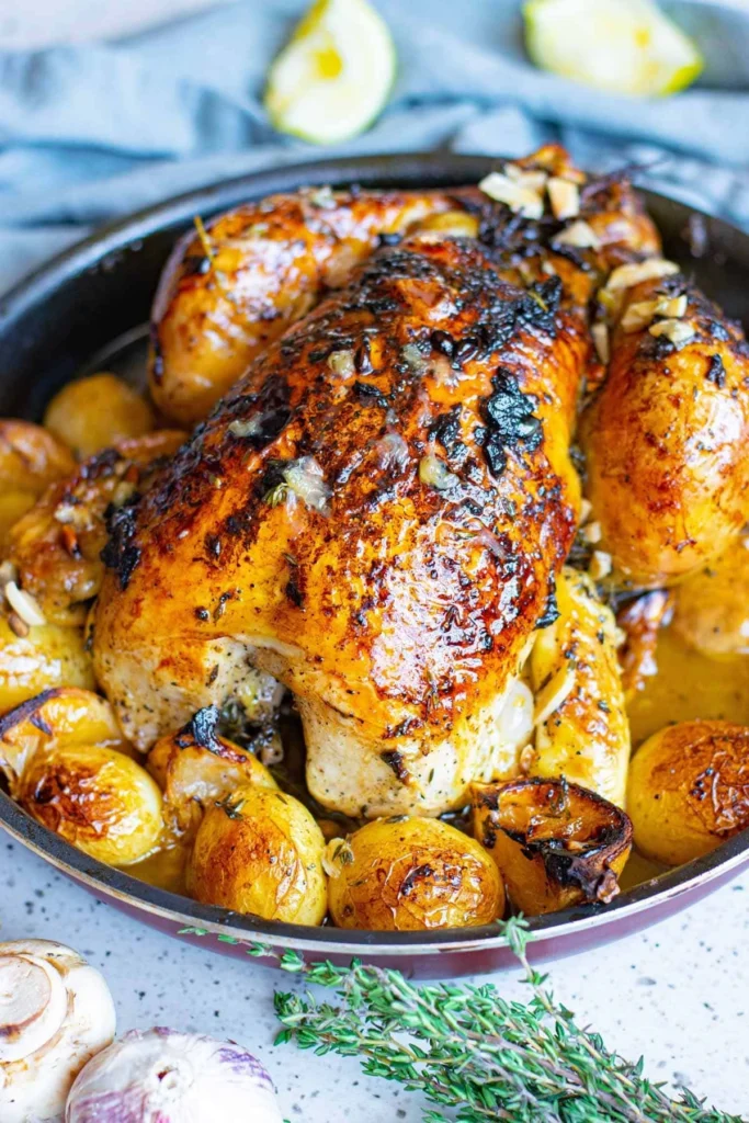 A golden-brown roasted chicken with crispy skin, garnished with herbs and garlic, surrounded by roasted baby potatoes in a pan.