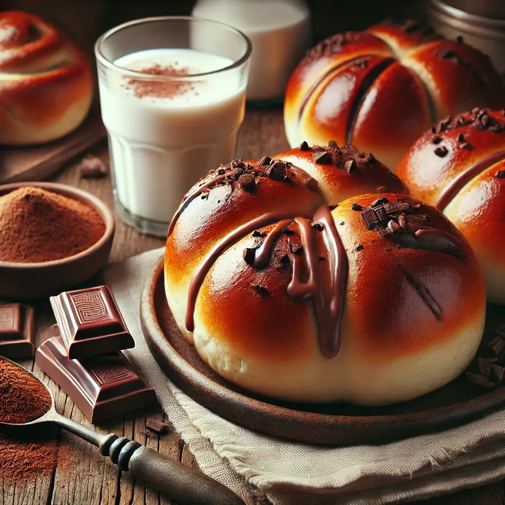 Freshly baked chocolate buns with a glossy finish, chocolate oozing from the center, surrounded by cocoa powder, chocolate chunks, and a glass of milk on a rustic wooden table.