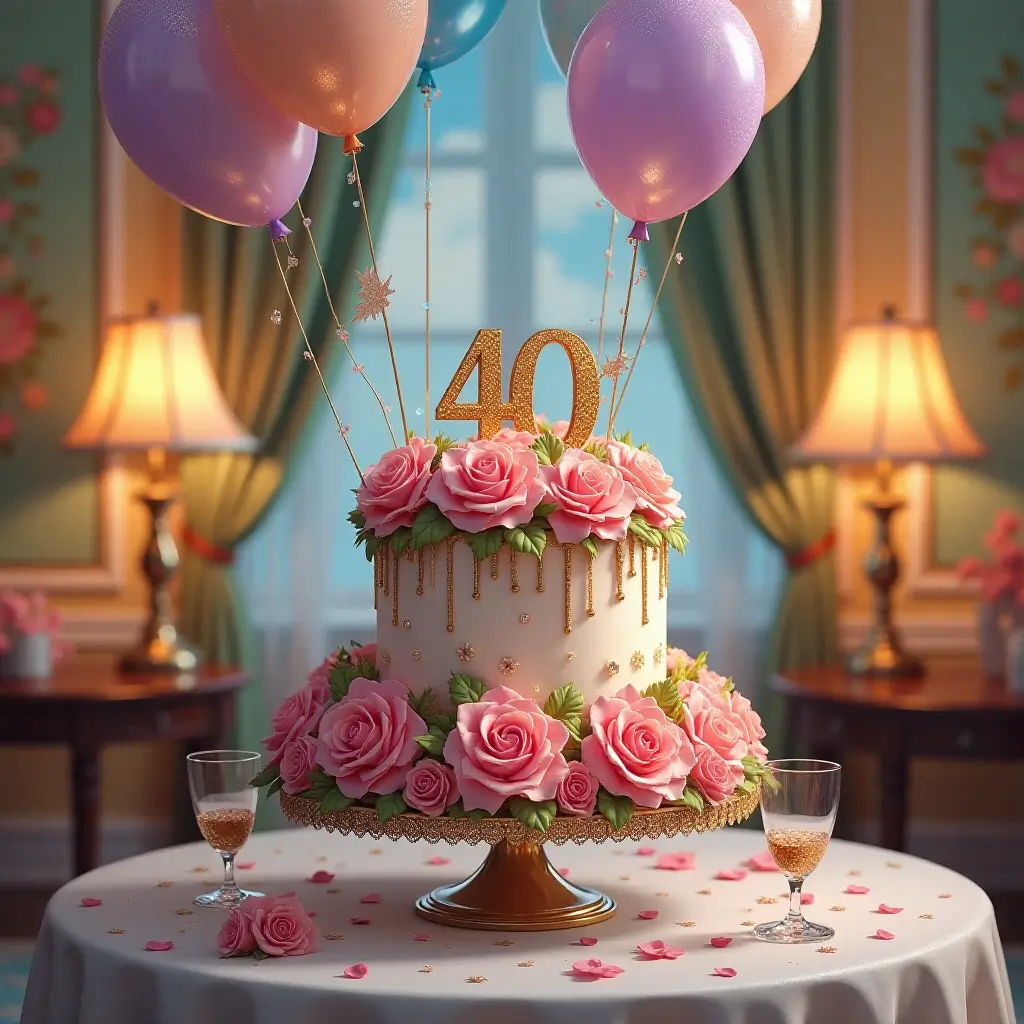 A beautifully decorated 40th birthday cake with pink roses and golden accents, topped with a glittering "40" topper. Balloons in pastel shades and sparkling elements surround the cake, set on an elegant table in a softly lit room.