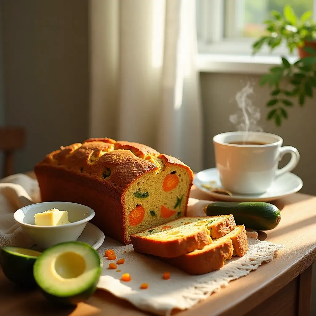 A loaf of freshly baked vegetable bread with slices showing colorful carrots and zucchini inside, served alongside a cup of steaming coffee, butter, and an avocado, all placed on a wooden table near a sunlit window.