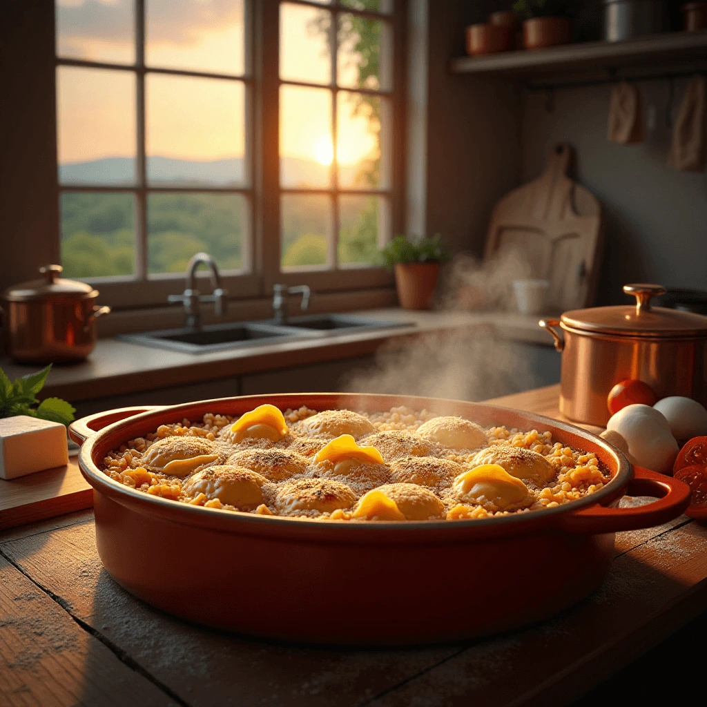 A steaming casserole dish filled with pasta, topped with golden cheese and breadcrumbs, sits on a wooden kitchen counter in a cozy kitchen with a sunset view through a large window.