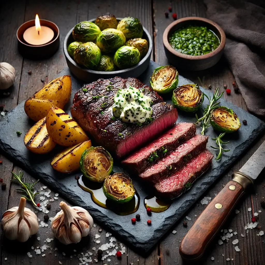 Sliced grilled hanger steak topped with herb butter, served on a slate platter with roasted potatoes and Brussels sprouts, styled in a rustic high-end presentation.