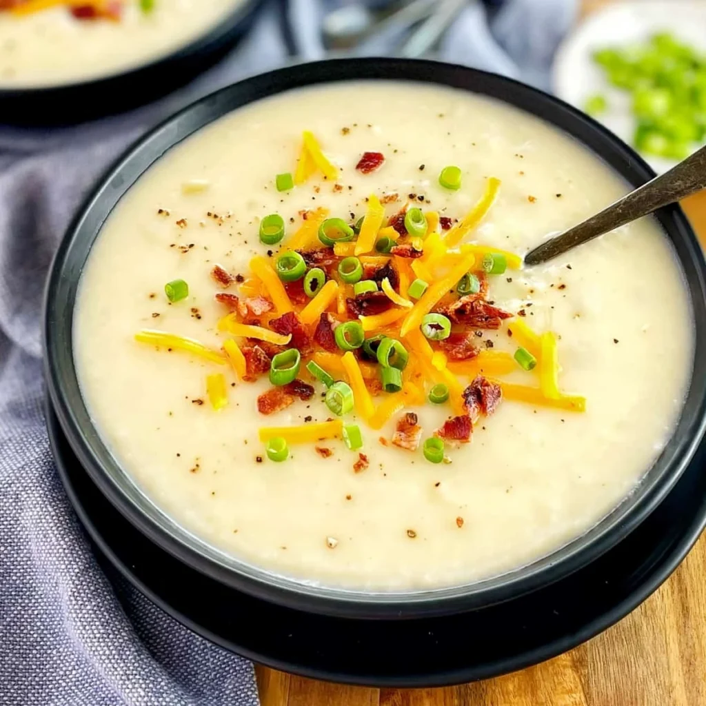 A creamy bowl of homemade potato soup topped with crispy bacon bits, shredded cheddar cheese, and freshly chopped green onions, served in a black bowl with a silver spoon.