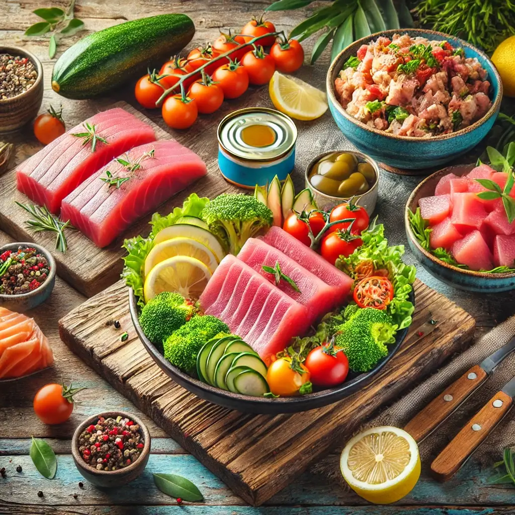Different types of tuna displayed, including fresh Yellowfin, Bluefin, Albacore tuna steaks, canned tuna, and a colorful tuna poke bowl with garnishes like lemon slices, herbs, and vegetables on a rustic wooden table.