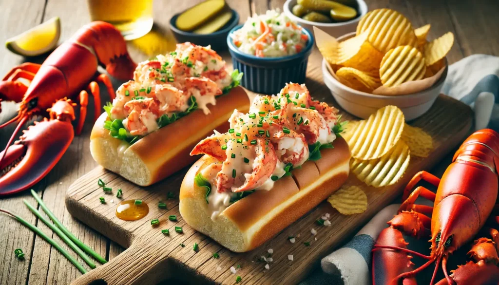 Delicious homemade lobster rolls on toasted buns, garnished with chives, alongside crispy potato chips, pickles, and coleslaw.