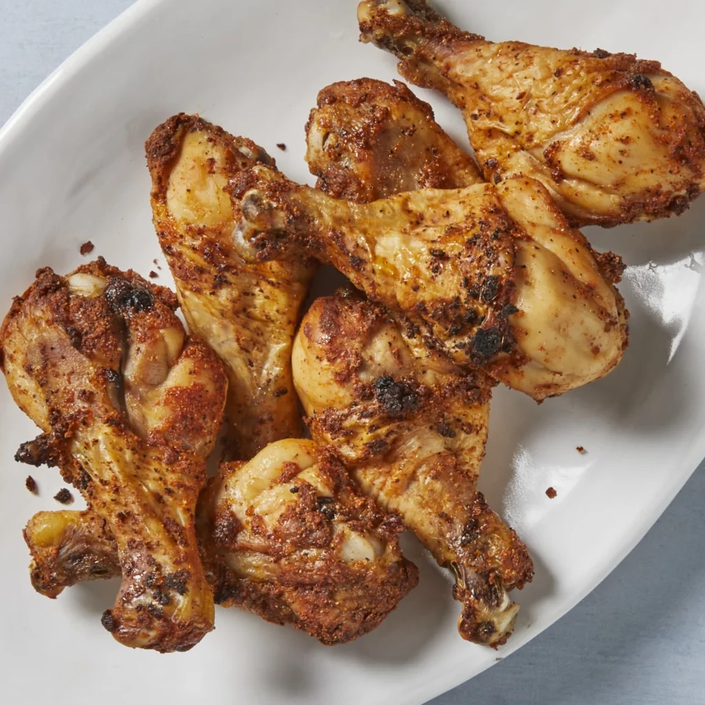 A plate of seasoned and baked chicken drumsticks with a crispy, golden-brown crust.